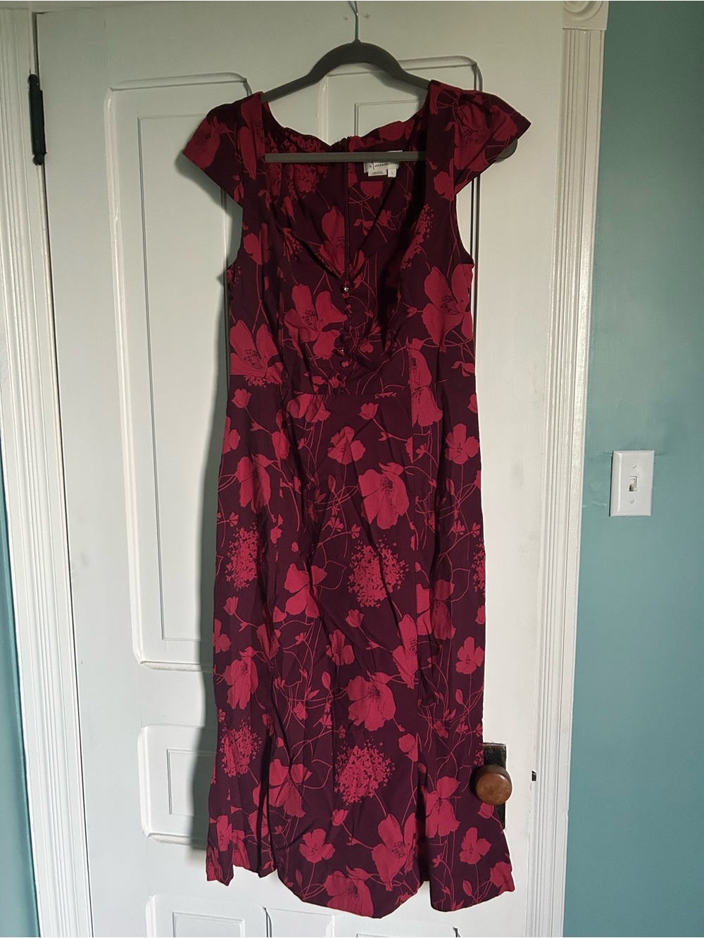 Anthropologie Burgundy Dress with Pink Floral Print